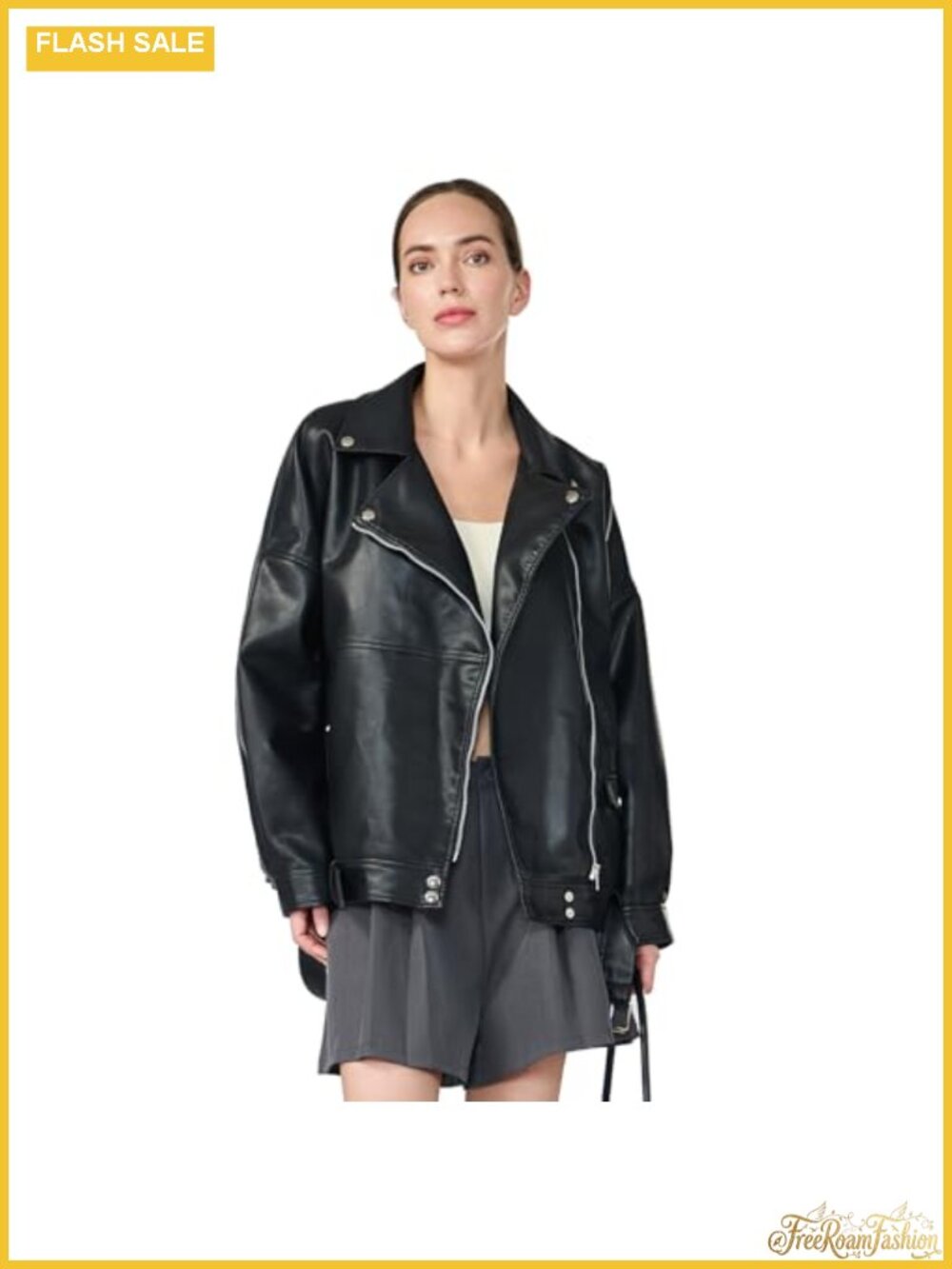 Faux Leather Cropped Motorcycle Jacket with Belts